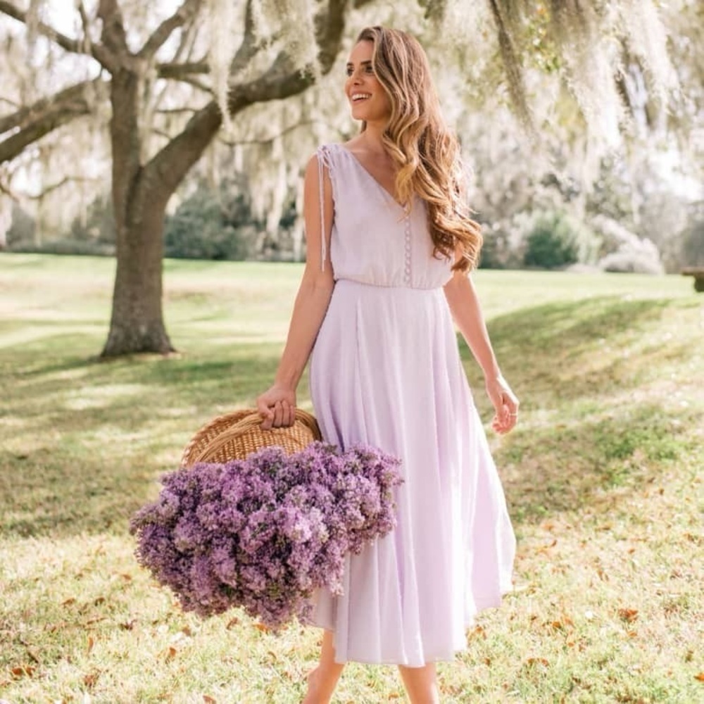 NWOT Gal Meets Glam Hillary Clip Dot Lilac Chiffon Midi Dress Size 2 - Picture 2 of 9